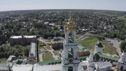 Drone flying backward above monastery complex Stock Footage 332309812