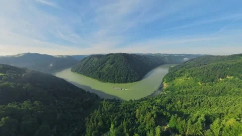 Drone Flying Backward from Danube Behind Donauleiten Forest Upper Austria Stock-Footage 345011826