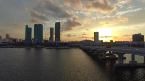 Drone Flying Backwards During Miami Sunset 4K Stock Footage 63270584