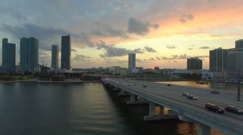Drone Flying Backwards During Miami Sunset  in 4K Video stock 63303863