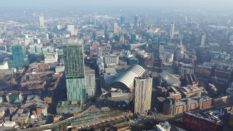 Drone Flying Backwards Manchester City, Deansgate Square and Beetham Tower Stock Footage