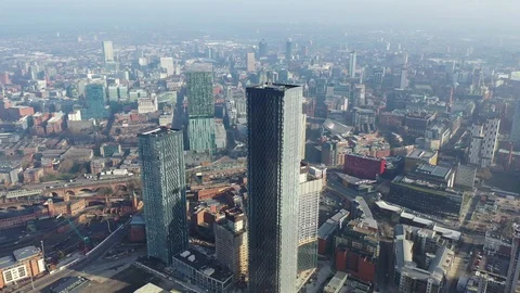 Drone Flying Backwards Manchester City Centre, Beetham and Deansgate Square Stock Footage