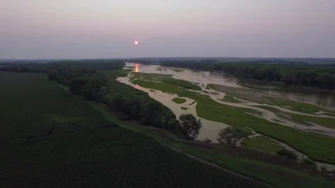 Drone Flying Backwards Over Cornfield From River Stock Footage 78885313