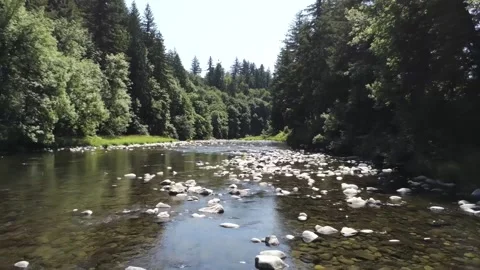 A drone flying backwards over a shallow river valley with trees and exposed rock Stock Footage 157455474