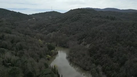 Drone flying backwards over a swamp in Taradell, Catalonia Vidéo 334574628