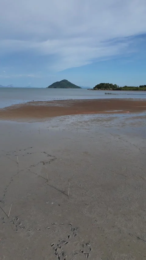 Drone Flying Backwards Over Tropical Beach at Low Tide in Koh Lanta, Thailand Stock Footage 335960082