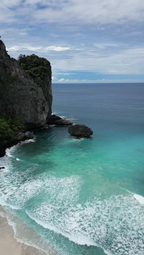 Drone Flying Backwards Revealing Secluded Nui Beach in Koh Phi Phi, Thailand Stock Footage 334722435