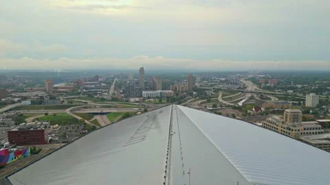 Drone Flying Backwards Revealing US Bank Stadium on a Cloudy Minneapolis Morning Stock Footage 220468637