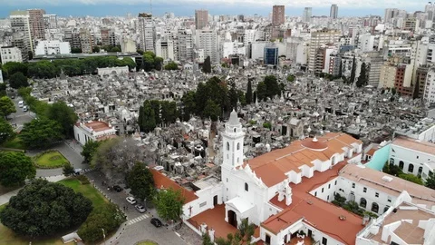 Drone flying backwards with views of Recoleta Cemetery in Buenos Aires, camera Stock Footage 126574056