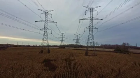 Drone flying between hydro lines on cloudy day with blue sky and corn fields 스톡 동영상 251249605