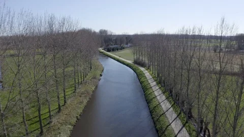 Drone flying between trees following river and revealing a small bridge Stock Footage 126863896