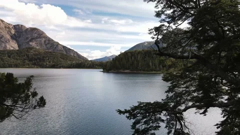 Drone flying between trees revealing a beautiful lake. Bariloche. Patagonia Stock Footage 154627401