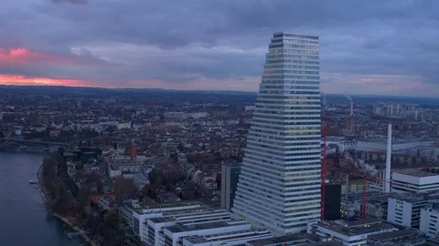 Drone Flying Boats On Rhine River Basel City Skyline, Switzerland Video stock 120815053