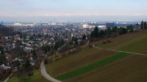 Drone Flying Boats On Rhine River Basel City Skyline, Switzerland Stock Footage 120817341