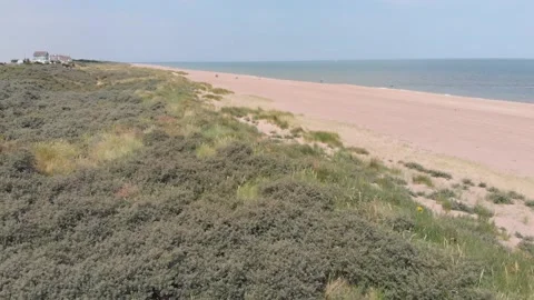 Drone flying from bushes over the sand beach towards the sea in united kingdom Stock Footage 141463071
