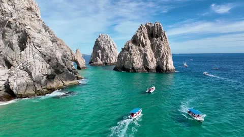 Drone Flying Close To High-rise Rock In Los Cabos Baja California In Sunny Day Stock Footage 332390960
