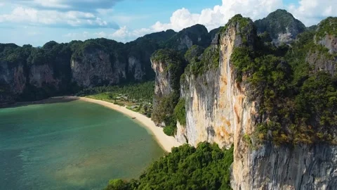 Drone Flying Close to Limestone Cliff Revealing Hidden Bays Railay Krabi Stock Footage 331145069