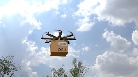 Drone Flying In The Clouds And Delivering Package 4K (Alpha Channel) 스톡 동영상 110983202