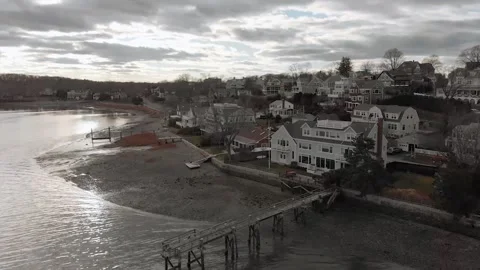Drone Flying On A Cloudy Day By The Hingham Harbor Towards Crow Point, Stock Footage 145114731