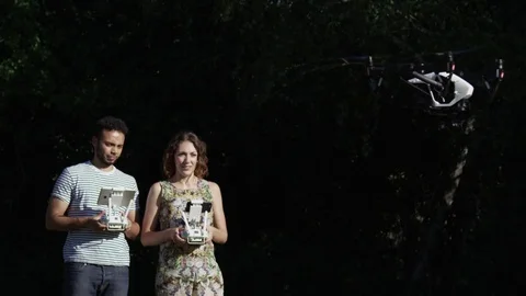 Drone Flying Date Mixed Ethnicity Couple Park Slow Motion Stock Footage 82591613
