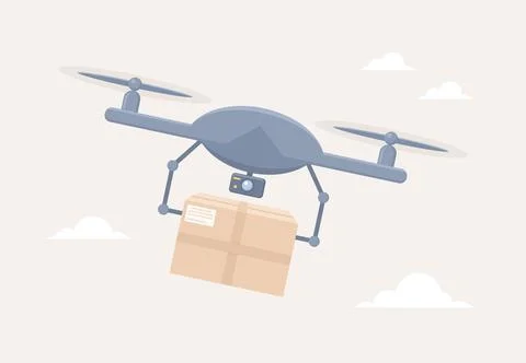 Drone flying with delivery box between clouds. Aerial drone parcel delivery 스톡 일러스트