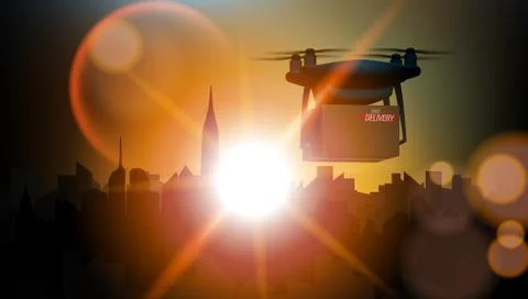 Drone Flying With Delivery Package Over The City Stock Illustration