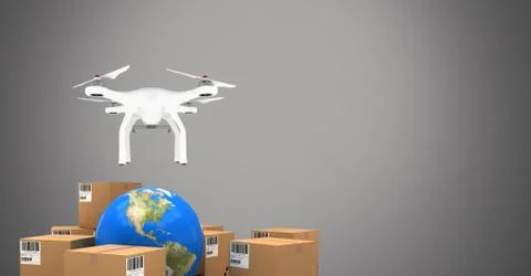 Drone flying with delivery parcel boxes and world globe Foto stock