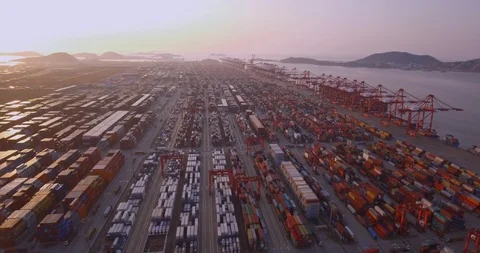 Drone flying directly over containers on Port of Shanghai 스톡 동영상 93534957