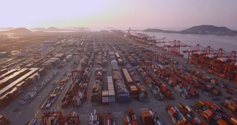 Drone flying directly over containers on Port of Shanghai 스톡 동영상 93548808