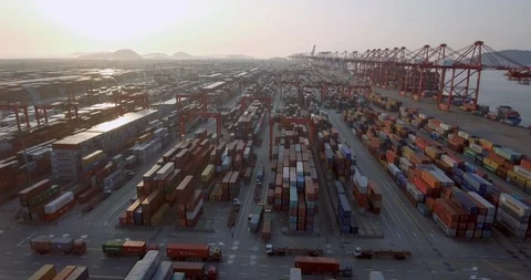 Drone flying directly over containers on Port of Shanghai 스톡 동영상 93553526