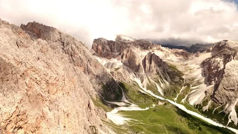 Drone Flying into a Dolomite Valley with Seceda on the Left – Italy Stock Footage 313892027