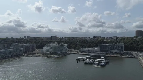 Drone Flying Down and Towards Ferry Terminal Stock Footage 104073773