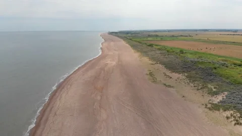 Drone flying down the beach over bushy landscape in united kingdom Stock Footage 141462499