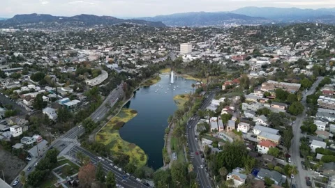 Drone Flying at Echo Park Lake |  Los Angeles, CA Stock Footage 223939819