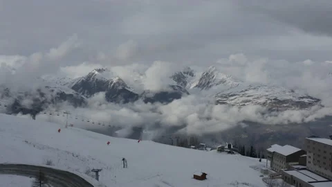 Drone flying in the empty ski resort covid 19 Stock Footage 145699735