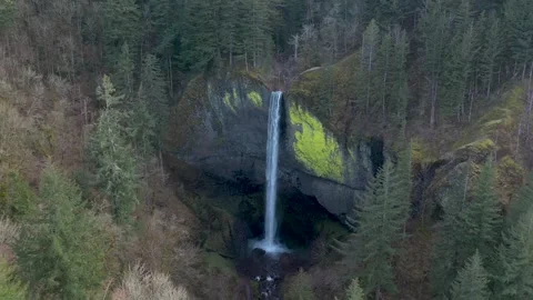 Drone flying to a falling waterfall in Oregon. Vídeo Stock 248854337
