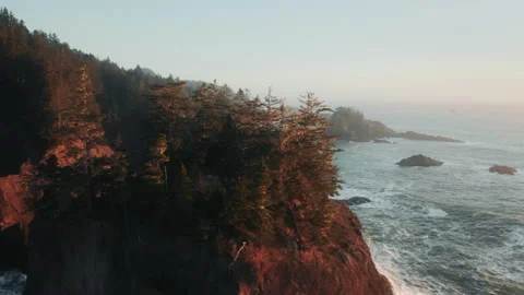 Drone flying fast above pine tree tops in rocky mountain forest at golden sunset Видео 157174698