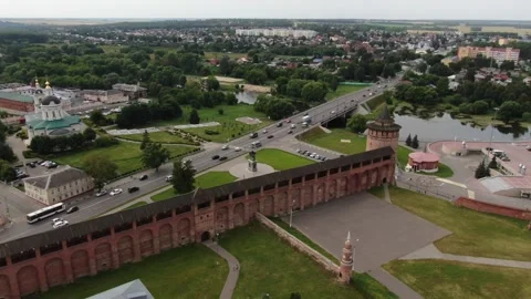 Drone flying forward above Kolomna river and city Stock Footage 333951707
