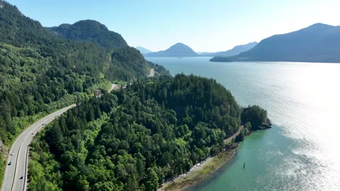 Drone Flying Forward Along Sea to Sky Highway Above Howe Sound, British Col.. Stock Footage 329947285