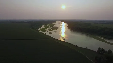 Drone Flying Forward And Descending Over Cornfield To River Stock Footage 78883566