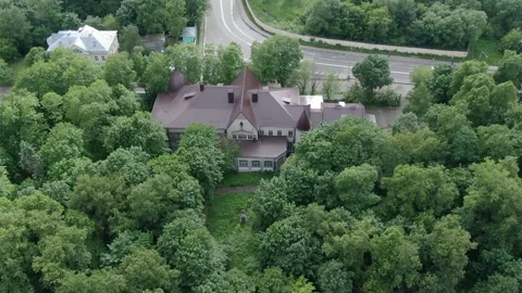 Drone flying forward and down to forest residence Stock Footage 332735769
