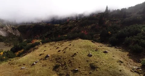 Drone flying forward to cabin in the green fields and woods rising up to clouds Stock Footage 80921526
