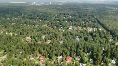 Drone flying forward descending over forest village Stock Footage 330078732