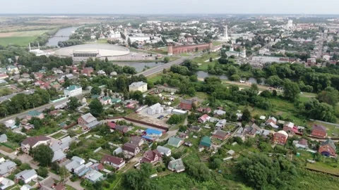 Drone flying forward descending over Kaluga city Stock Footage 333818912