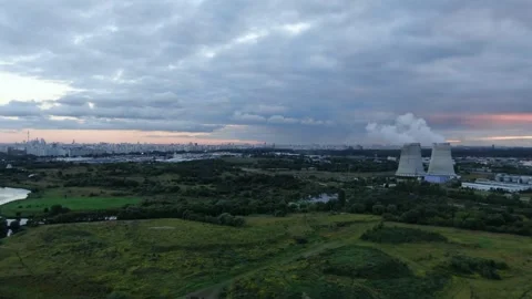 Drone flying forward over industrial area in Mytishchi Stock Footage 329914423