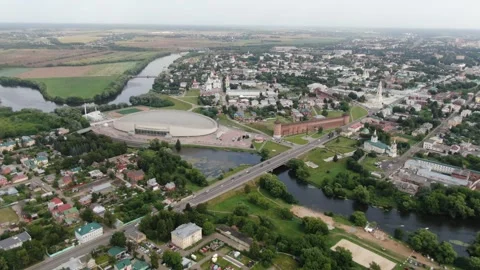 Drone flying forward over Kolomna river and city Stock Footage 333951281