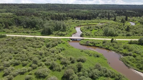 Drone flying forward over a muddy winding river that runs through a green marsh  Stock Footage 263582943