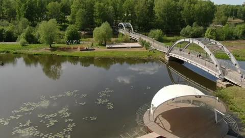 Drone flying forward over river and bridge Stock Footage 331740464