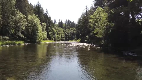 A drone flying forward over a shallow river valley with trees and exposed rocks Stock Footage 157455473