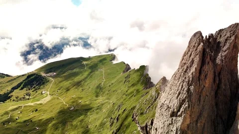 Drone Flying Forward with Seceda Mountain on the Right – Dolomites, Italy Stock Footage 313892019